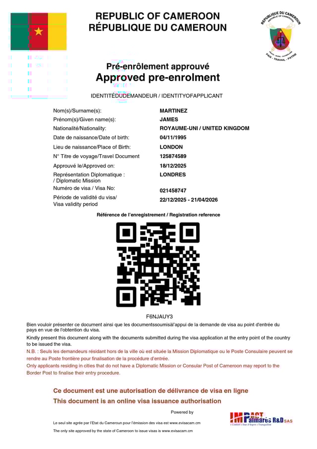 eVisa Approval Document Cameroon