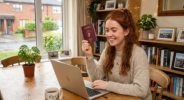 Irish Woman With An Irish Passport And Laptop