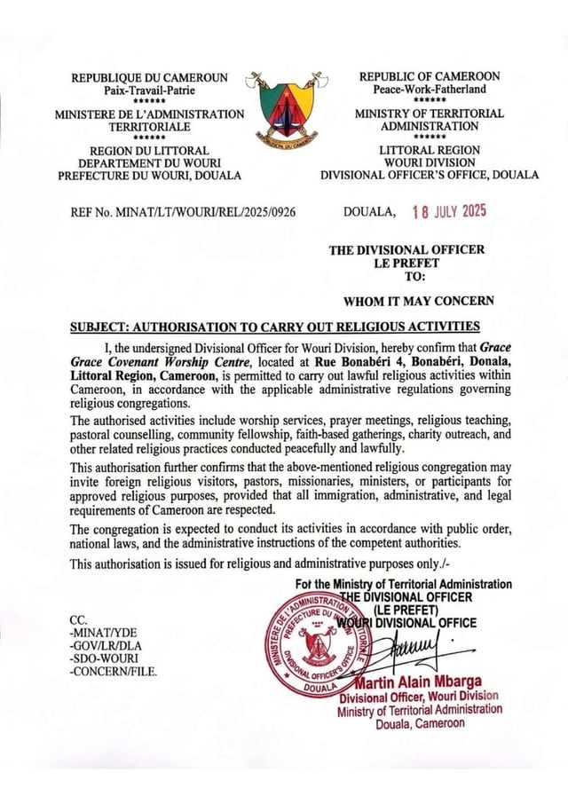 Sample Authorisation To Carry Out Religious Activities