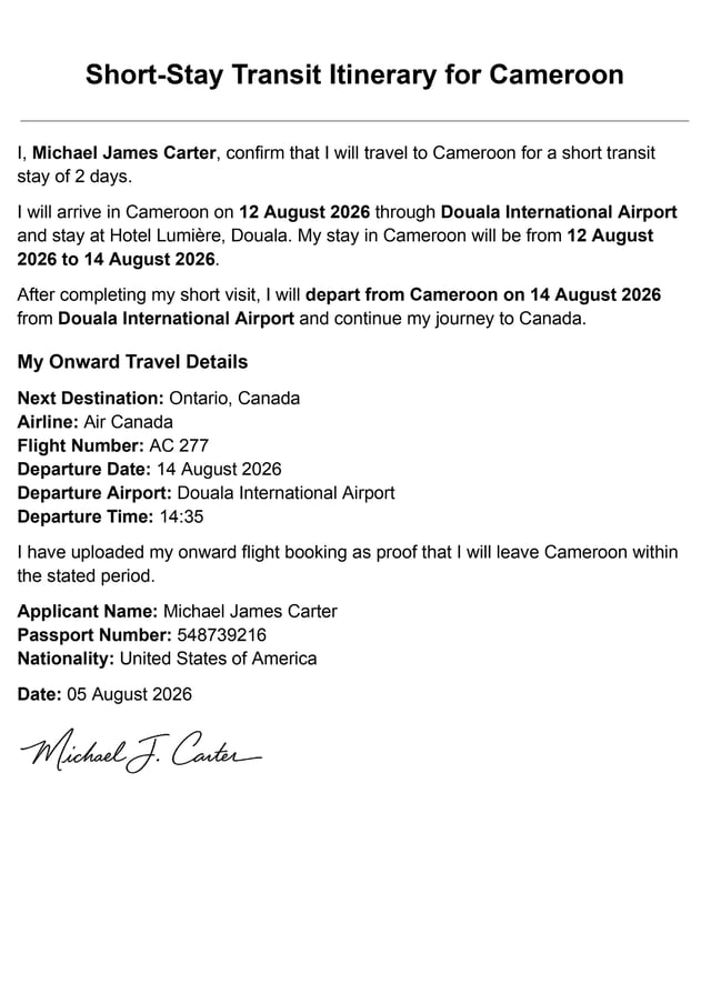 Sample Of Additional Proof Of Continued Travel