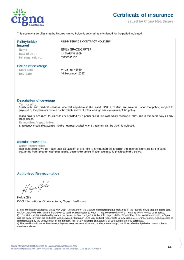 Sample Of Health Insurance