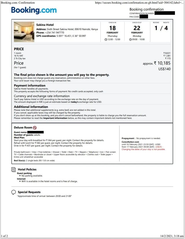 Sample Of Hotel Booking