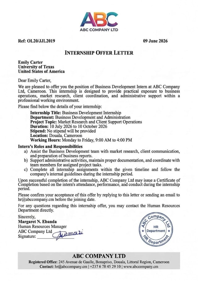 Sample Of Internship Offer Letter