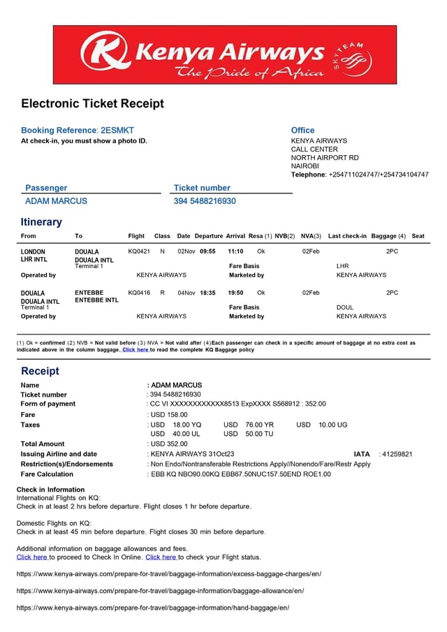 Sample of Onward Flight Ticket
