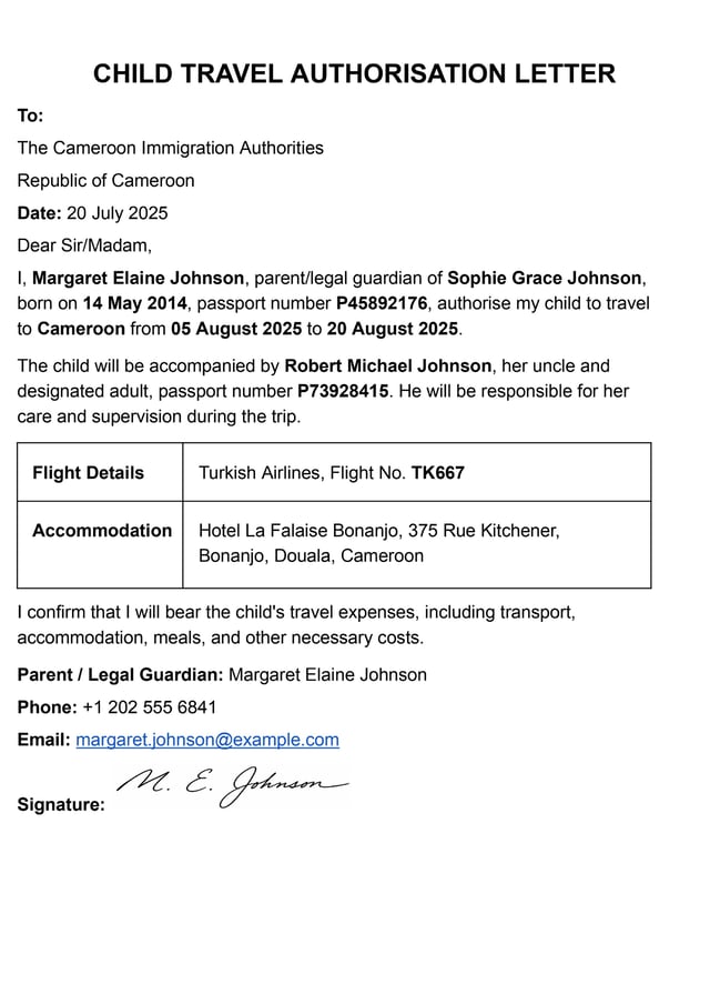 Sample Of Signed Authorisation From A Parent