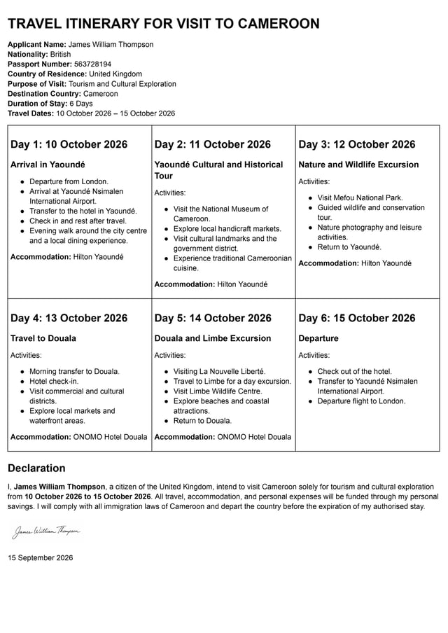 Travel Itinerary Purpose Of Visit Sample