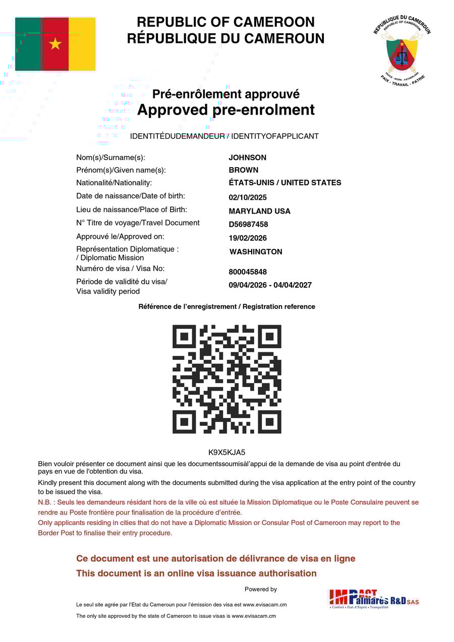 Cameroon Short Stay Visa Sample