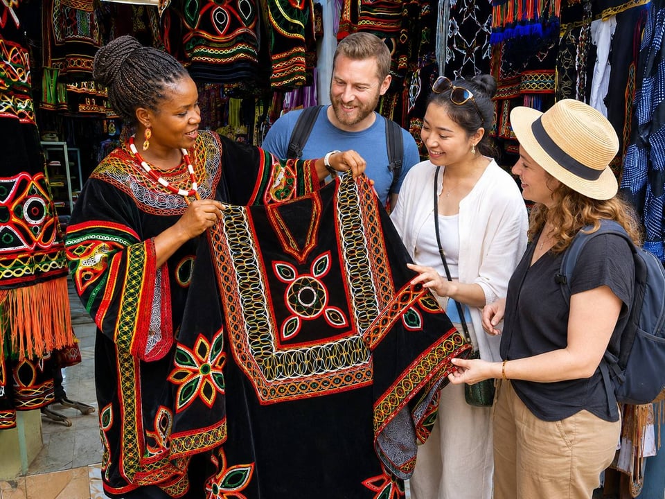 A Seller Showing Toghu Fabric To Tourists