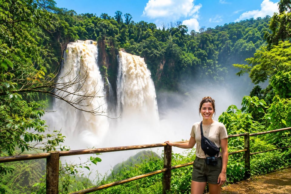 A Woman Posing In Front Of Ekom Nkam Waterfalls