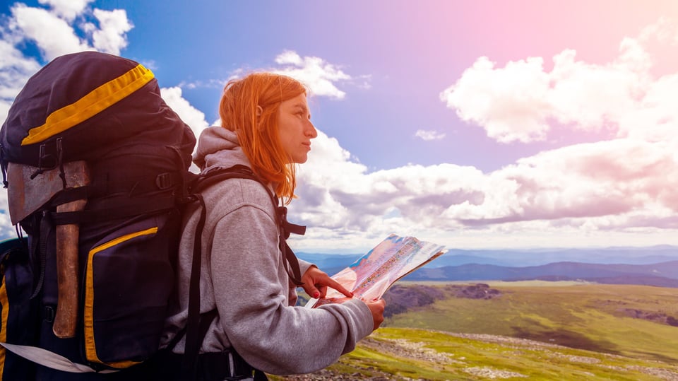 Stylish Woman With Backpack Hiking Orient Themselves To The Terrain Study