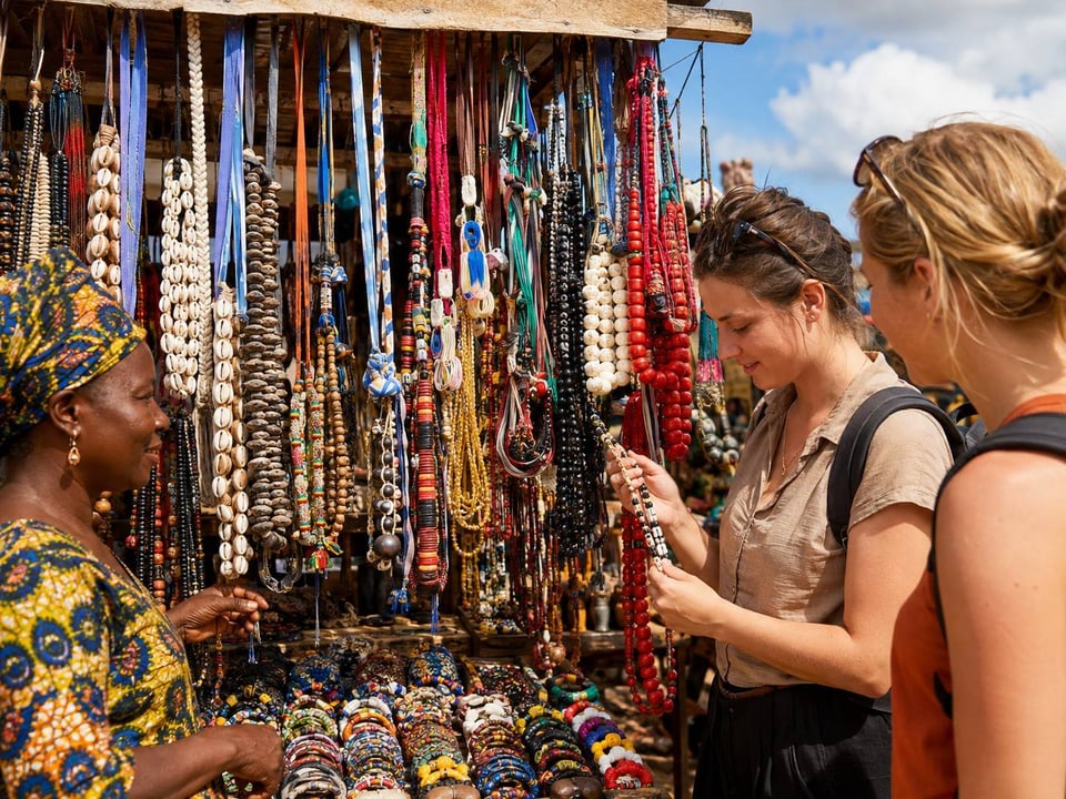 Tourists Exploring Beaded Jewellery In Cameroon