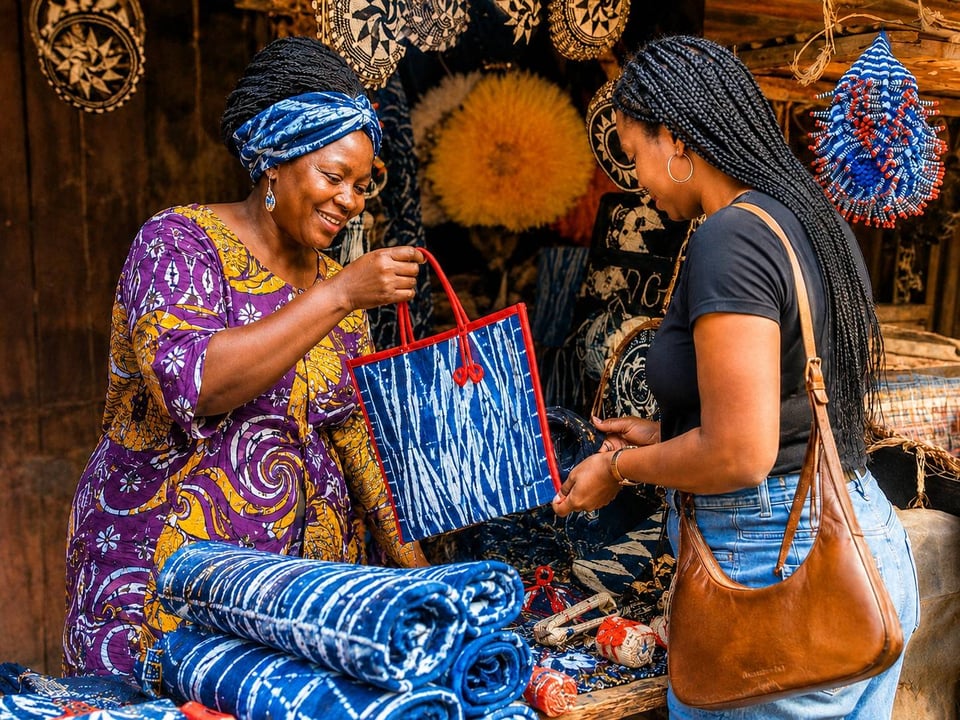 Woman Purchasing Ndop Handbag
