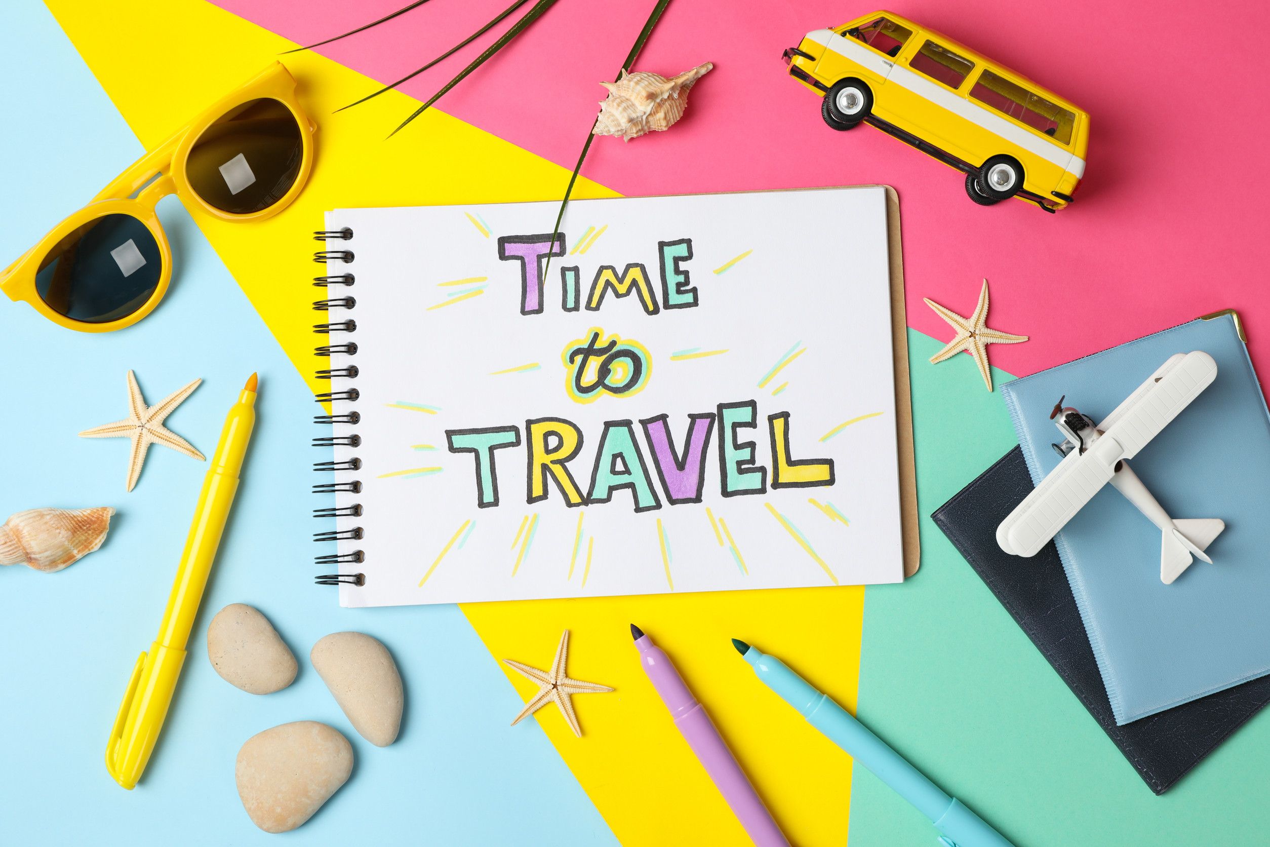 Composition With Inscription Time To Travel On Multicolor Background